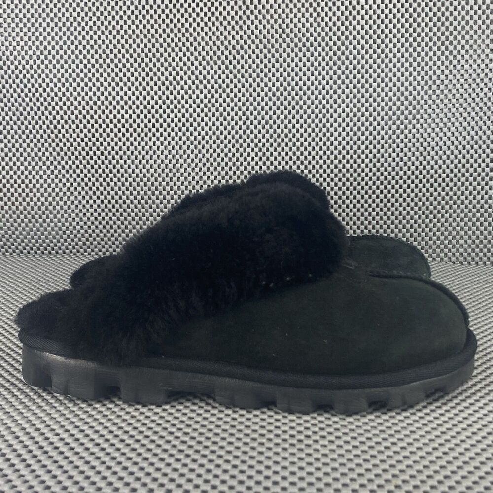 UGG Coquette Slippers Size 6 Black Leather Sheepskin Slide On Casual